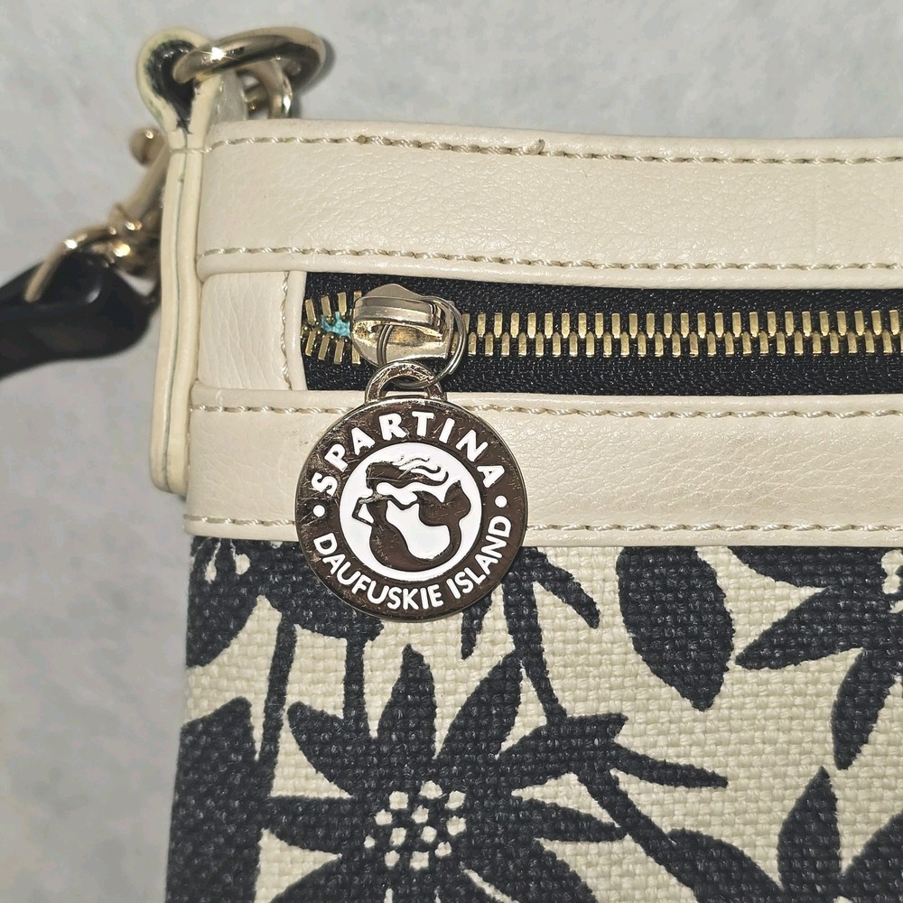 Spartina 449 Linen Floral Crossbody Bag Black White Cream Trim Turquoise Lining - Picture 4 of 12